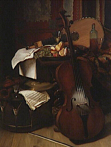 Divers instruments de musique, violoncelle,. violon, timbale, etc... et fruits dans un plat de porcelaine du Japon placé sur une table_0