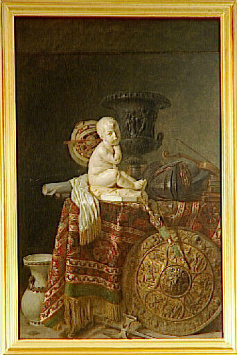 Une table garnie d'un tapis de Turquie sur lequel est placé l'enfant à la cage de M. Pigalle, un casque, le vase de Médicis en bronze, au bas un bouclier et autres objets, Pieter Joseph Sauvage, 1783 vers