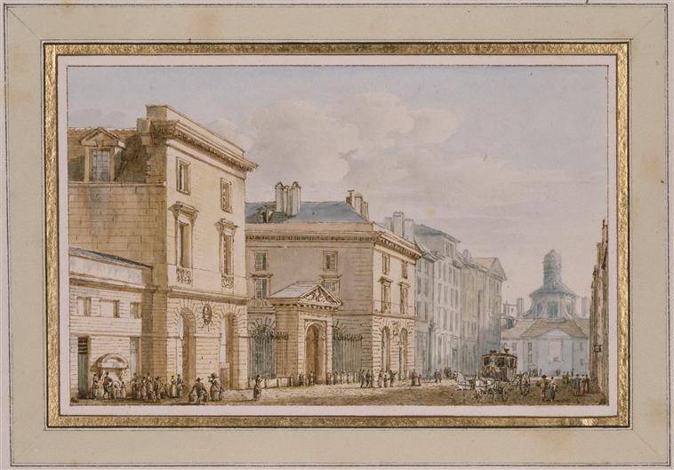 Vue du Collège impérial de France, institué par François Ier en 1530, pour l'Enseignement des langues grecque, latine et hébraïque, la Philosophie, l'Art oratoire, la médecine, etc et restauré sous le règne de Louis XV par M Chalgrin, architecte ; il est situé place de Cambray, à Paris, Victor Jean Nicolle