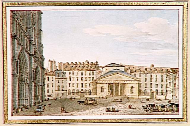 50 aquarelles des monuments de Paris : Vue de l'Hôtel-Dieu, hospice pour les malades des deux sexes, situé prés de la Basilique de Notre-Dame, à Paris, Victor Jean Nicolle