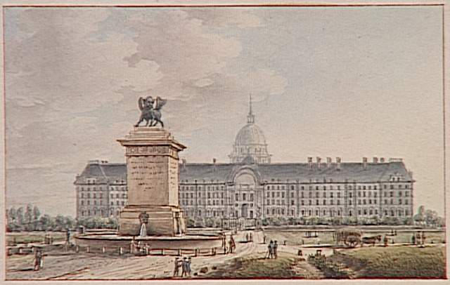 50 aquarelles des monuments de Paris : vue de l'hôtel impérial des Invalides, du côté de l'entrée située au nord prise près de la fontaine du lion de St Marc à Paris, Victor Jean Nicolle