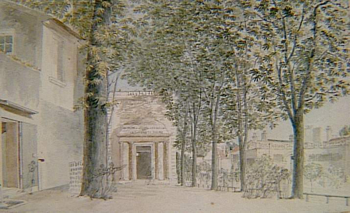 Recueil de 21 vues de Paris et de ses environs : institution nationale de Saint-Germain-en-Laye fondée par Mme Campan dans l'ancien hôtel de Rohan Le jardin et l'entrée de la Salle des Exercices, Victor Jean Nicolle