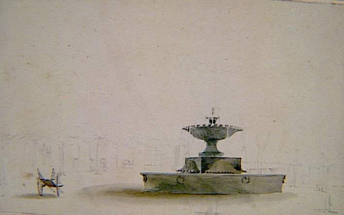 Recueil de 21 vues de Paris et de ses environs : fontaine avec une vasque sur une place entourée d'arbres (inachevé), Victor Jean Nicolle