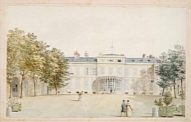 Recueil de 21 vues de Paris et de ses environs : château de St Leu Façade sur cour avec véranda semi-circulaire, Victor Jean Nicolle