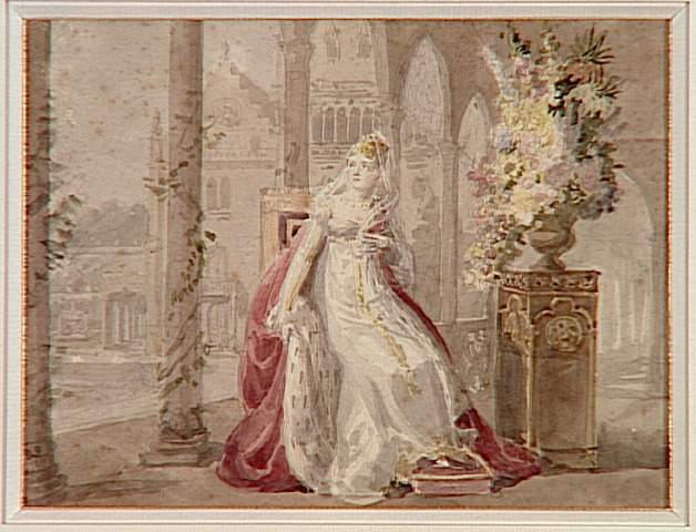 La Reine Hortense, en grand costume, assise dans la cour d'un édifice gothique_0