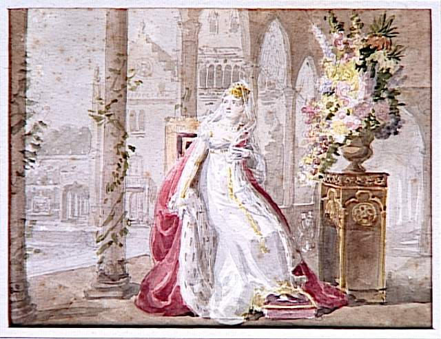 La Reine Hortense, en grand costume, assise dans la cour d'un édifice gothique_1