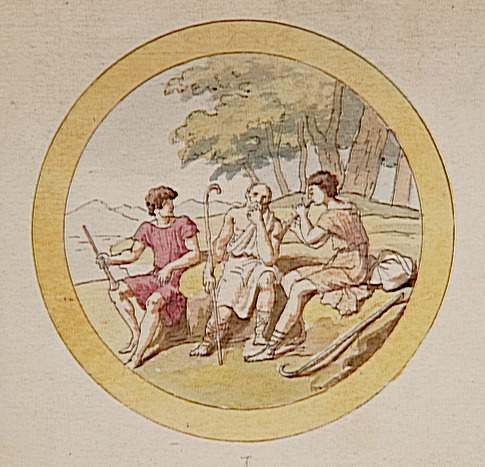 Esquisse, d'un ensemble de six, pour les médaillons du Salon Doré de Malmaison : 1/ Tityre, Philétas et Daphnis (?) ; 2/ Satyre flagellé par des Ménades ; 3/ Offrande de Daphnis et Cloé au dieu Pan (?) ; 4/ Daphnis apprenant à Cloé à jouer de la flûte ; 5/ Cloé fuyant à l'approche des Méthymniens 6/ Myrtale élevant Daphnis (?), Etienne Jean Delecluze, 19e siècle