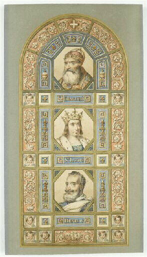 Charlemagne, St Louis, Henri IV (dans des médaillons superposés), Nicolas Auguste Hesse, 1828