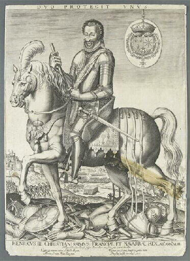 Henricus IIII Christianissimus Franciae et Navarrae Rex (Navarrae Rex Annr XLIIII. Il s'agit du titre dans sa langue d'origine.) ; Henri IV à cheval (traduction du titre.), Philippe Thomassin, 1596