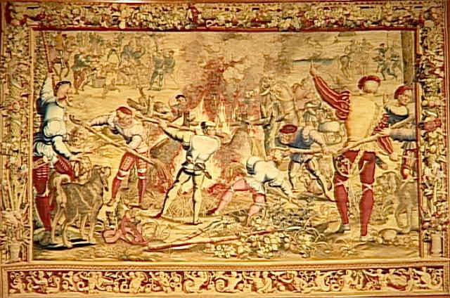 Les Chasses de l'Empereur Maximilien : La Flambée du sanglier (Mois de janvier. 2e tenture) ; dites aussi : Les Belles Chasses du duc de Guise_0
