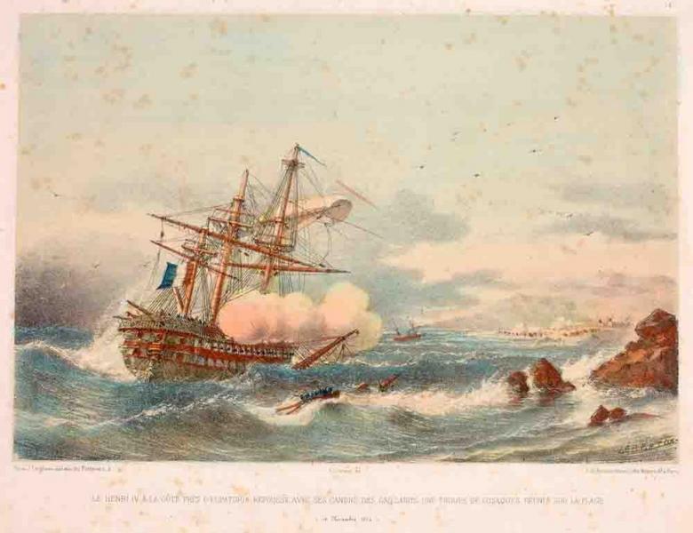 Le Henri IV à la côte près d'Eupatoria, repousse avec ses canons des Gaillards. Une troupe de gaillards réunis sur la plage, Louis Lebreton, 1880 vers