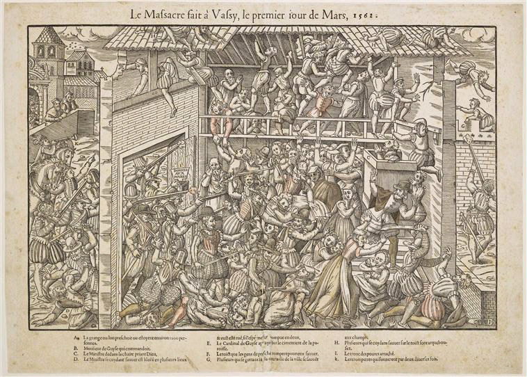 Massacre de Wassy. 1er Mars 1562 ; Recueil (factice) (Tortorel et Perrissin: "Premier Volume/ contenant quarante tableaux ou/ Histoires diverses qui sont mémorables touchant les guerres, massacres/ et troubles advenus en France en ces dernières années" Lyon, 1569-70), Jean Perrissin, 1569