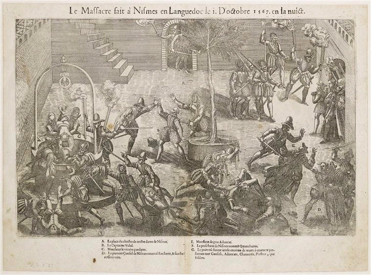 Le Massacre de Nîmes. Octobre 1567 ; Recueil (factice) (Tortorel et Perrissin: "Premier Volume/ contenant quarante tableaux ou/ Histoires diverses qui sont mémorables touchant les guerres, massacres/ et troubles advenus en France en ces dernières années"), Jean Perrissin, 1570