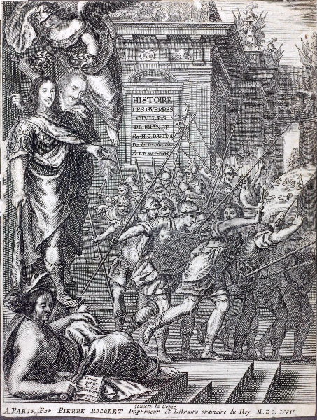 Frontispice. Histoire des guerres civiles de France ; La Renommée couronnant Henri IV et L.XIII, Grégoire Huret, 1657