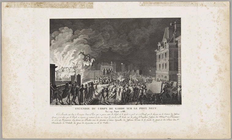 Incendie du corps de garde sur le Pont-Neuf ; Recueil (factice) ("Tableaux historiques de la Révolution française" (1791-1817)), Abraham Girardet, 1802