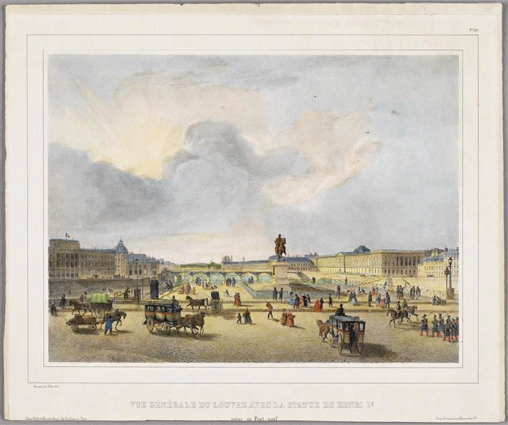 Vue générale du Louvre avec la statue de Henri IV (titre inscrit), Louis Jules Arnout, 1830