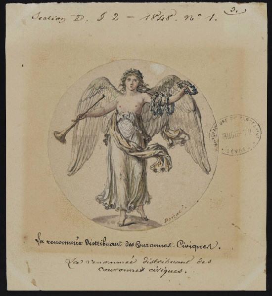 Elément décoratif [La renommée distribuant des couronnes civiques], Louis Simon Boizot, 1ère moitié 19e siècle