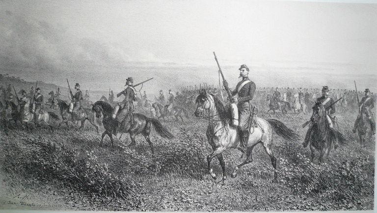Planche 21 de l'album : Reconnaissance faite par le général Morris à la tête de quatre escadrons de cavalerie et poussée jusqu'à Frascati. (Siège de Rome 11 juin 1849)_1