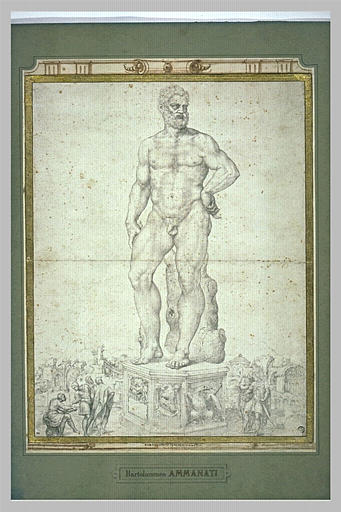Statue d'Hercule sur un piédestal, personnages la dessinant et  contemplant_0