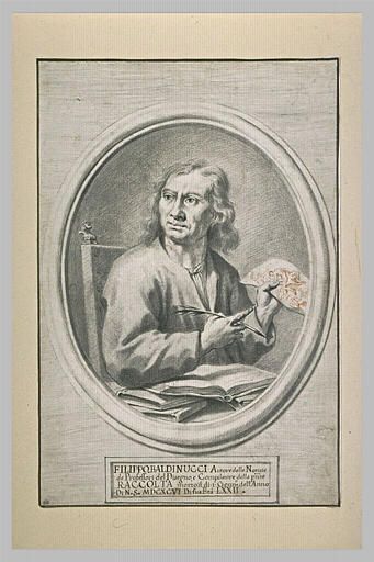 Portrait de Filippo Baldinucci assis, avec une plume et un dessin en main_0