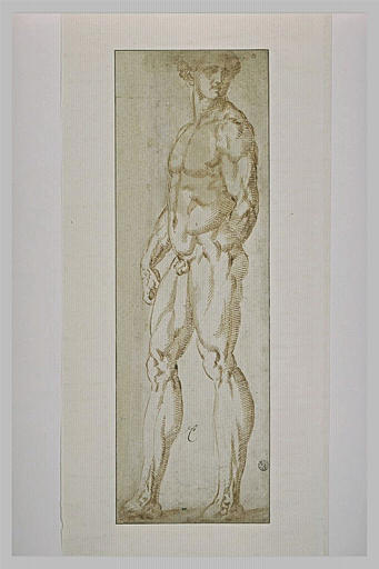 Homme nu debout, de profil, le bras gauche derrière le dos_0