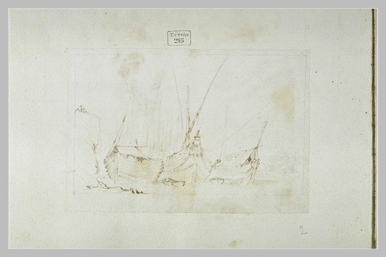 Vue d'un port avec trois bateaux et deux barques_0
