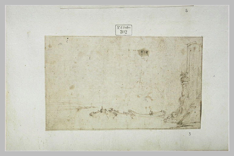 Paysage avec deux barques de pêche et, à droite, une tour en ruines_0