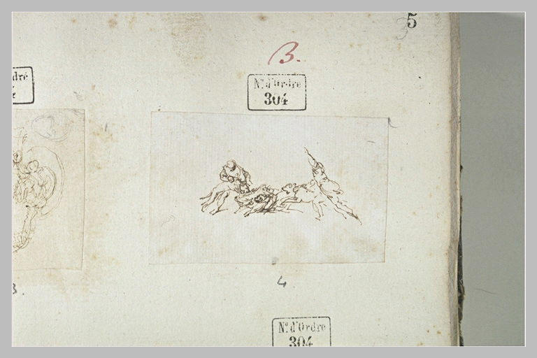 Deux piqueurs et quatre chiens attaquant un sanglier_0