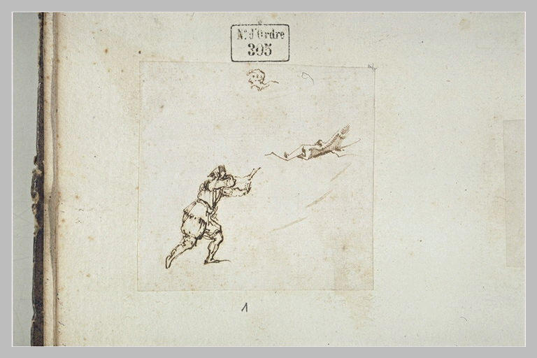 Homme debout courant vers la droite ; tête d'homme barbu ; rameau_0