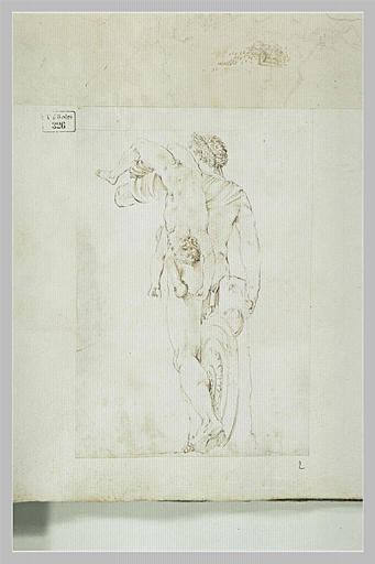 Guerrier lauré, debout, vu de dos, emportant un enfant sur son épaule_0