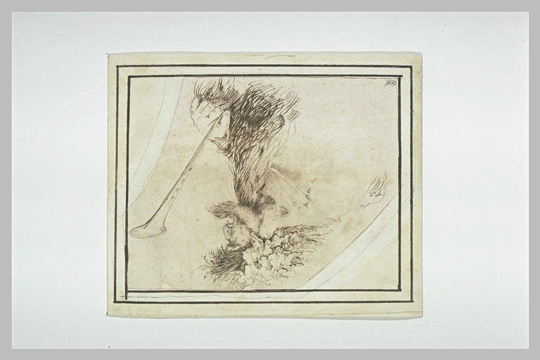 Buste de satyre, couronné de feuillages, tenant une trompette_0