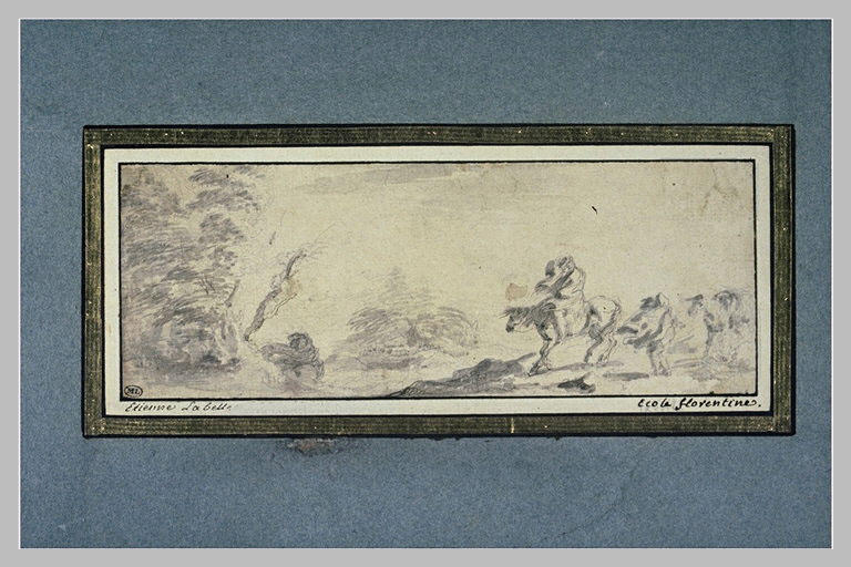 Paysage avec deux cavaliers et un homme à pied conduisant un cheval_0