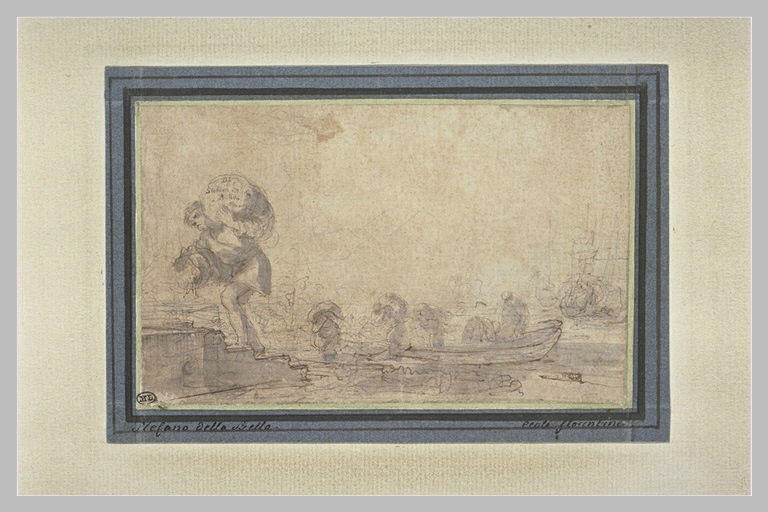 Port de mer : homme portant un ballot, et barque avec des débardeurs_0