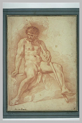 Homme nu, assis, les jambes écartées, un bâton dans la main gauche_0