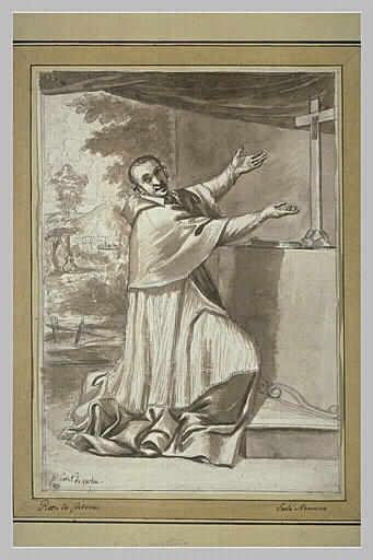 Un saint abbé à genoux les bras tendus vers une croix_0