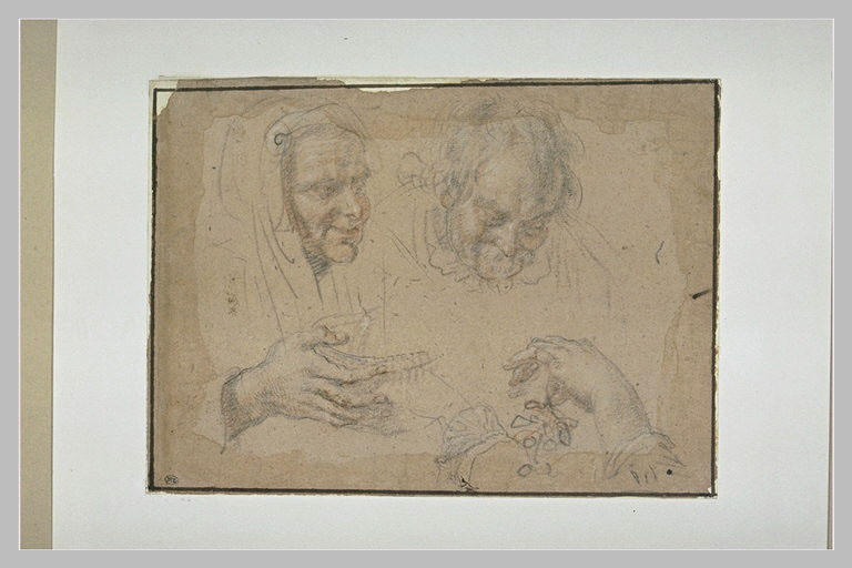 Têtes de femme et d'homme agés ; trois mains_0