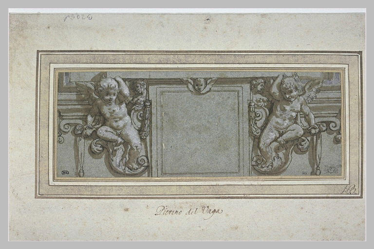 Ornement d'architecture avec deux angelots de chaque côté d'une fenêtre_0