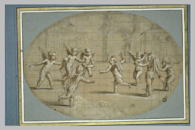 Huit amours jouant à la balle dans un paysage urbain à l'antique_0