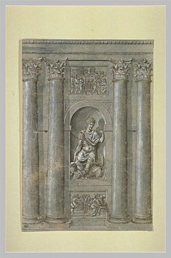 Statue d'homme dans une niche et deux bas-reliefs encadrés de colonnes_0