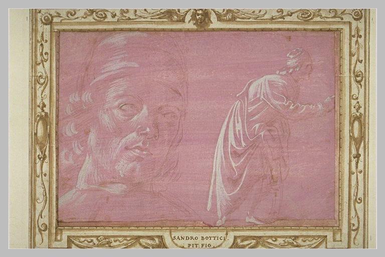 Tête d'homme coiffé d'un bonnet ; homme drapé, s'inclinant vers la droite_0