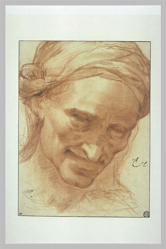 Tête de vieille femme souriante, coiffée d'un turban_0