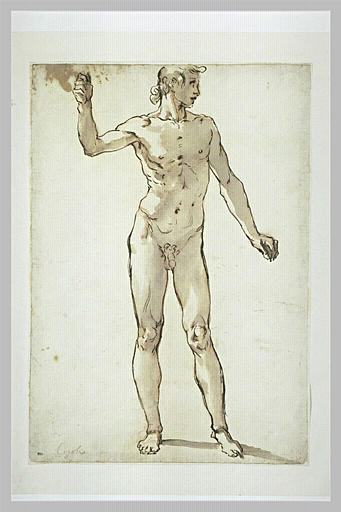 Homme nu, debout, corps de face, tête de profil, bras droit levé_0