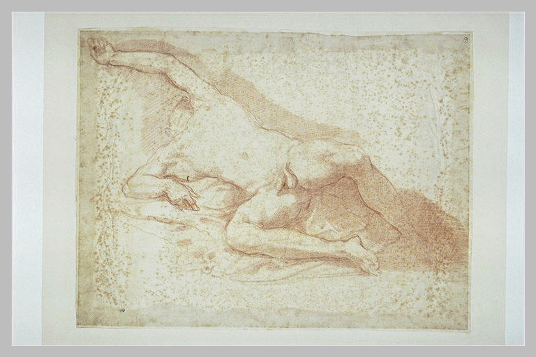 Homme nu, étendu sur le dos, jambes écartées, le bras gauche levé_0