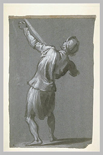 Homme debout, de dos, semblant brandir une arme_0