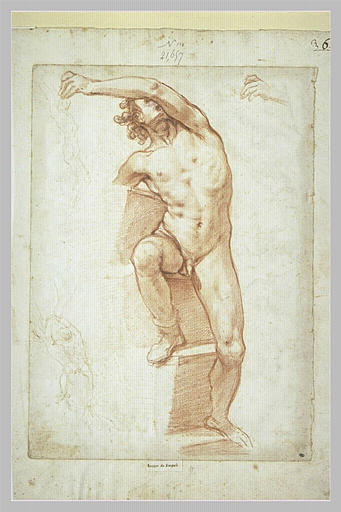 Homme nu, de face, appuyé sur un socle à degrés ; deux esquisses d'homme nu_0