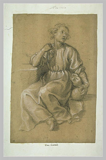 Jeune homme assis, accoudé sur un degré, tenant un vase_0