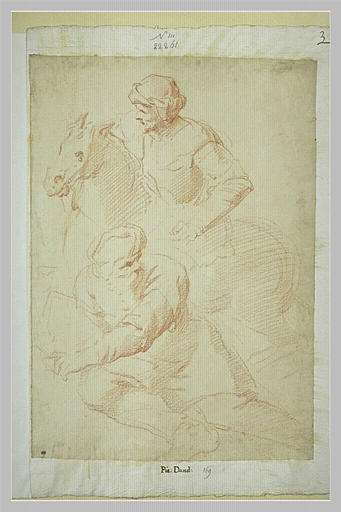 Vieillard assis et derrière lui un homme à cheval_0