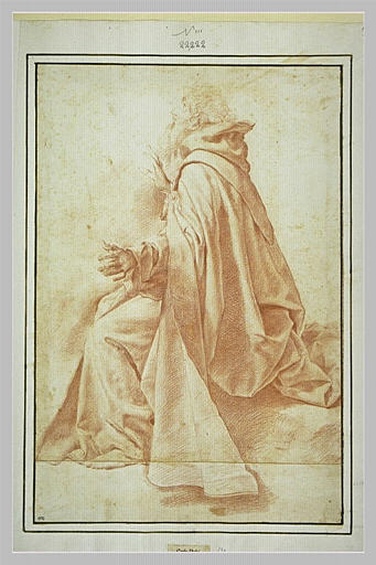 Religieux assis, de profil vers la gauche, regardant vers le haut_0