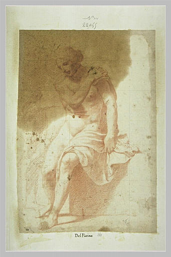 Femme demi nue, assise, regardant vers le bas ; un homme debout_0