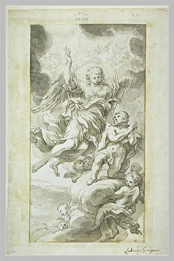 Un ange indiquant le ciel à un jeune garçon agenouillé sur des nuages_0